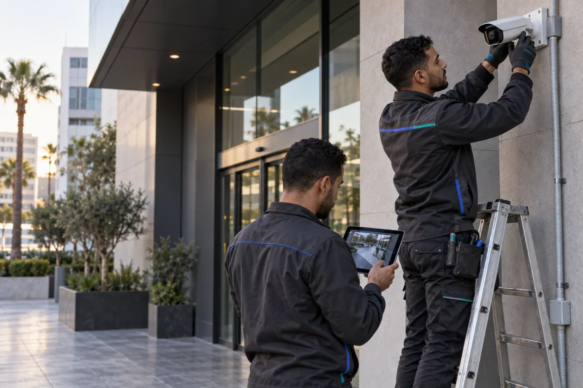 Techniciens installant une caméra de vidéosurveillance professionnelle